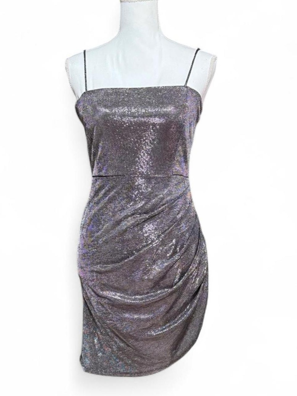 Windsor Silver Metallic Ruched Bodycon Mini Dress Size Medium Party Y2K
